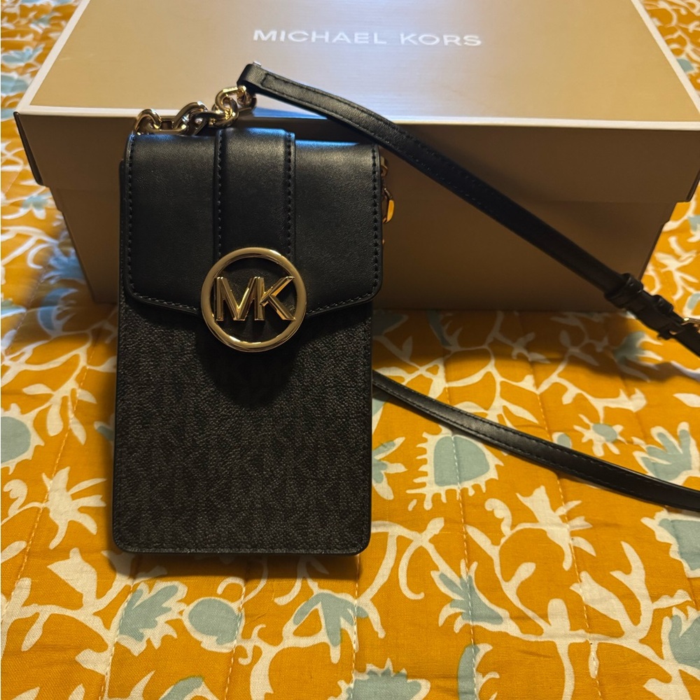 Michael Kors Black and Gold Phone Crossbody